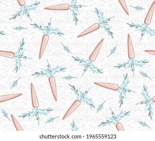 Seamless vector pattern of carrots with leaves. Simple and trendy texture background with healthy food