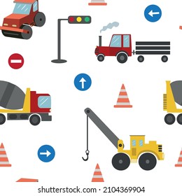 Seamless vector pattern with cars. Asphalt roller, concrete mixer and tractor. Heavy construction equipment set. Vector flat iilustration.
