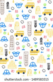 seamless vector pattern cars and bus in the city