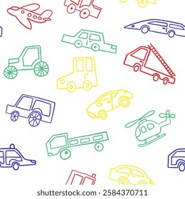 Seamless vector pattern with cars. Hand draw funny cars in sketch style. Naive childish style. Doodle style line art. Drawing for children's textiles with cars and vehicles for boys.