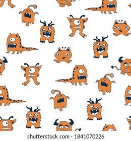 Seamless vector pattern with cartoon aliens on white background Cute simple wallpaper design for children. Kids fashion textile.