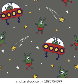 Seamless vector pattern with cartoon aliens on grey background. UFO spaceship wallpaper design for children. Retro universe fashion textile.