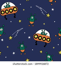Seamless vector pattern with cartoon aliens on blue background. UFO space wallpaper design for children. Hand drawn astronaut fashion textile.