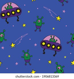 Seamless vector pattern with cartoon aliens on blue background. Simple UFO wallpaper design for children. Hand drawn space fashion textile.