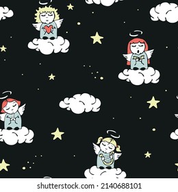 Seamless vector pattern with cartoon angels on black background. Simple night sky wallpaper design. Decorative praying heaven fashion textile.