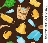 Seamless vector pattern of cartoon bathhouse, spa, sauna objects. Flat vector elements on brown background. Design for print on textiles, fabric, wallpapers, gift wrapping, clothing and accessories