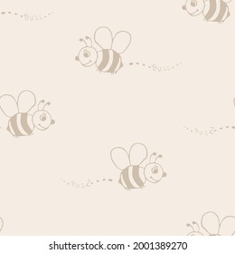 Seamless vector pattern with cartoon bees on light beige background. Simple bumblebee sketch wallpaper design. Decorative summer bug fashion textile.