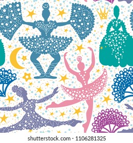 Seamless vector pattern of cartoon bestial silhouettes, silhouettes of ballerinas, crowns, stars. Decorative painted texture with silhouettes of dancers performing choreography elements.