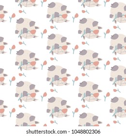 Seamless vector pattern with cartoon birds and the flowers.