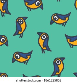 Seamless vector pattern with cartoon birds on blue background. Hand drawn parrot wallpaper design. Decorative animal fashion textile.