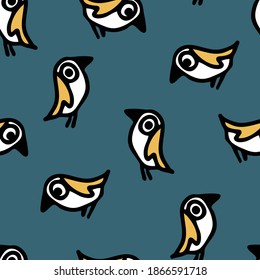 Seamless vector pattern with cartoon birds on blue background. Simple decorative robin wallpaper design. Hand drawn parrot fashion textile.