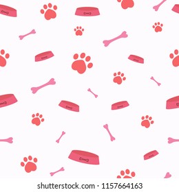 Seamless vector pattern with cartoon bones, bowls and dog or cat paws. Cute modern pattern with pink elements on the light pink background. Nice pet background for cover, textile, brochure and poster.