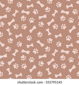 Seamless vector pattern with cartoon bones and paws on brown background.