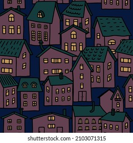 Seamless vector pattern with cartoon burgundy houses in doodle style. Single-storey houses with green roofs. Night city. For postcards, wallpaper, wrapping paper and textiles.