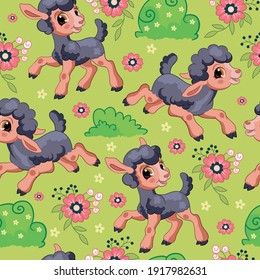 Seamless vector pattern with cartoon characters Cute black lambs and flowers. Colorful illustration isolated on green background. For print, t-shirt, design, wallpaper, decor, textile