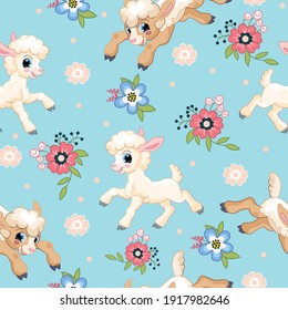 Seamless vector pattern with cartoon characters cute white lambs and flowers. Colorful illustration isolated on blue background. For print, t-shirt, design, wallpaper, decor, textile