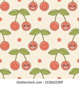 Seamless vector pattern with cartoon cherry twins. Retro style smiling berry characters. Vintage groovy background for design and print