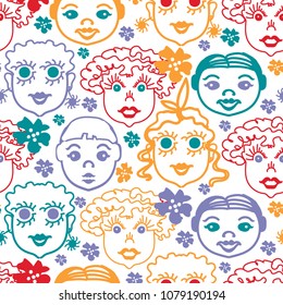 Seamless vector pattern from the cartoon children's faces. Funny background in cartoon style. Decorative painted texture with puppets.