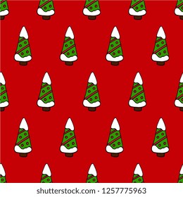 Seamless vector pattern with cartoon Christmas trees on red background