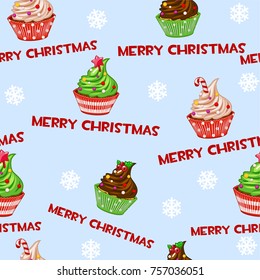 Seamless vector pattern with cartoon christmas cupcakes, muffins, sweet cake on blue tile background. Wallpaper for or decoration.