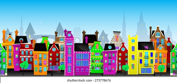 Seamless vector pattern of cartoon city