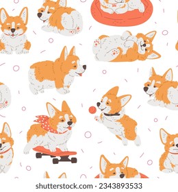 Patrón vectorial sin brillo con caricatura Corgi cachorro en varias poses. Disfrute de un paseo en patineta rosa, acariciando, jugando. Corgi raza pura de perro peludo. Bonito tejido infantil, textil, diseño de envases