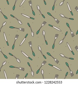 Seamless vector pattern with cartoon cultery on gray background. Modern concept for fabric and paper, menu and invitation cards.
