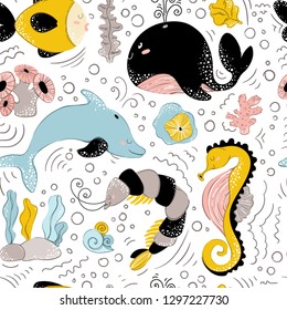 Seamless vector pattern with cartoon cute sea animals and fishes on white background. Underwater oceanic world. Illustration for kids print, textile, fabric, wrapping paper
