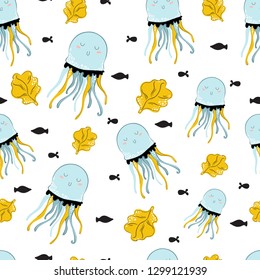 Seamless vector pattern with cartoon cute jellyfish, sea plants on white background. Underwater oceanic animal. Illustration for print, textile, fabric, wrapping paper