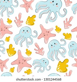 Seamless vector pattern with cartoon cute octopus, starfish, coral on white background. Underwater oceanic animal. Illustration for print, textile, fabric, wrapping paper