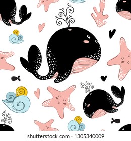 Seamless vector pattern with cartoon cute funny black whale and pink starfish, waves on white background. Underwater oceanic animal. Illustration for print, textile, fabric, wrapping paper