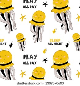Seamless vector pattern with cartoon cute jellyfish, starfish, lettering on white background. Underwater oceanic animal. Illustration for print, textile, fabric, wrapping paper