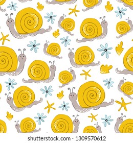 Seamless vector pattern with cartoon cute funny yellow snail and starfish on white background. Underwater oceanic animal. Illustration for print, textile, fabric, wrapping paper