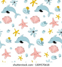 Seamless vector pattern and cartoon cute dolphin  shell   starfish white background  Underwater oceanic animal  Illustration for print  textile  fabric  wrapping paper
