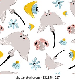 Seamless vector pattern with cartoon cute stingray, coral and fish on white background. Underwater oceanic animal. Illustration for print, textile, fabric, wrapping paper