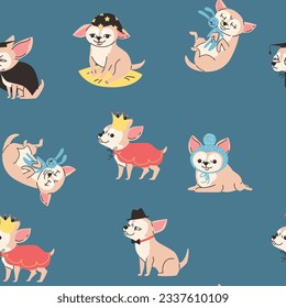 Patrón vectorial sin foco con dibujos animados lindo chihuahua pequeño y sonriente perro vestido con sombrero negro y arco, como un rey, juega con juguete conejito azul. Bonito tejido infantil, textil, diseño de envases