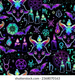 Seamless vector pattern. Cartoon devil and magic items