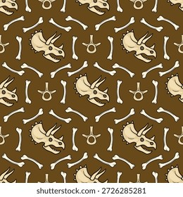 Seamless vector pattern of cartoon dinosaur skulls and bones on a brown background
