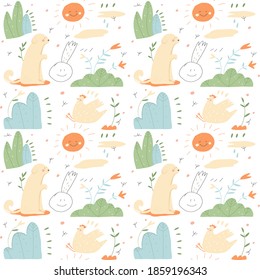 Seamless vector pattern with cartoon dog, chicken, sun and flowers good for kids room wallpapers, clothes design or wrapping paper