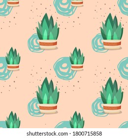 Seamless vector pattern in cartoon doodle style with Sansevieria plants in pots. Stock illustration.