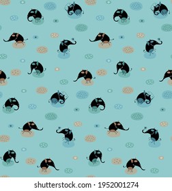 Seamless vector pattern with cartoon elephant silhouettes on an emerald background
