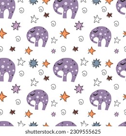 Seamless vector pattern with cartoon elephant, stars on a white background. Children's theme.