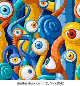 Seamless vector pattern of cartoon eyes and tentacles of monsters, in blue and yellow tones