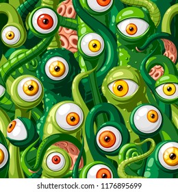 Seamless vector pattern of cartoon eyes and tentacles of monsters with green skin, orange and yellow eyes. Vector illustration.