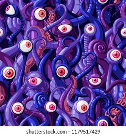 Seamless vector pattern of cartoon eyes and tentacles of monsters with blue and purple skin and pink eyes. Vector illustration.