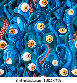 Seamless vector pattern of cartoon eyes and tentacles of monsters with blue skin and yellow eyes. Vector illustration.