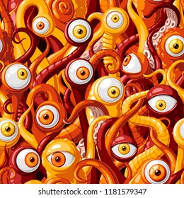 Seamless vector pattern of cartoon eyes and tentacles of monsters with red skin, orange and yellow eyes. Vector illustration.