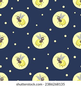Seamless vector pattern with cartoon firefly. Nursery polka dot print