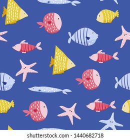 Seamless vector pattern with cartoon fishes and starfish. Illustration for textile design, cards, prints. 