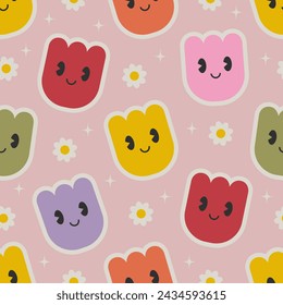 Nahtloses Vektormuster mit Zeichentrickblumen-Zeichen. Bunte Tulpen mit lächelnden Gesichtern auf dem Hintergrund. Abstrakte florale Textur. Fun groovy Grafik